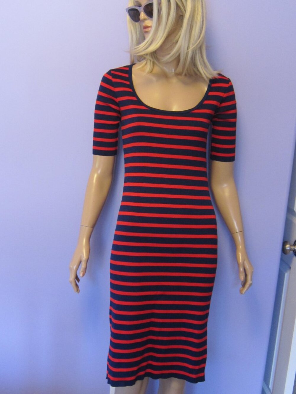 RALPH LAUREN BLACK LABEL Mariner Stripe Navy Red BODYCON Scoop Neck Midi Dress